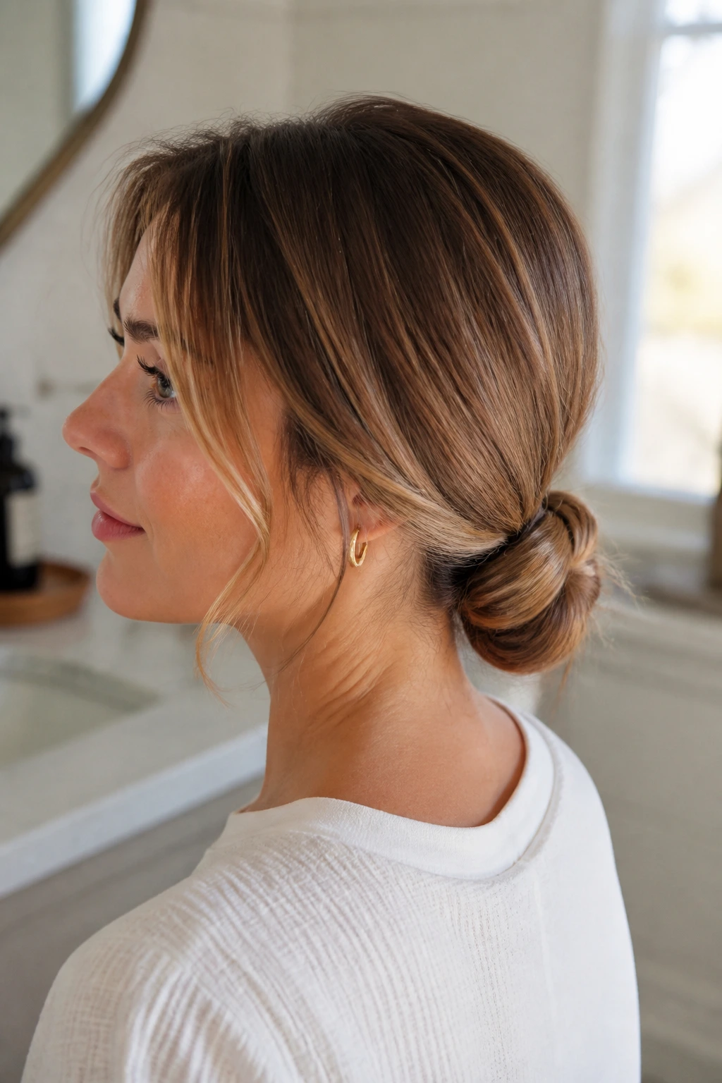 Close-up of hidden-elastic low knot with face-framing layers