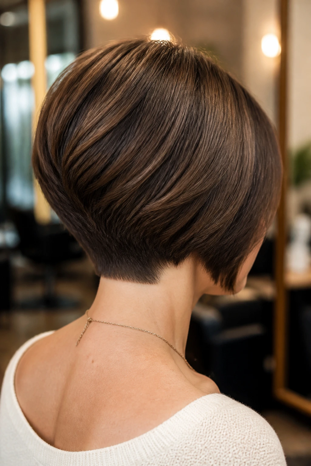 Close-up portrait of a real woman with a stacked bob and hidden graduation.