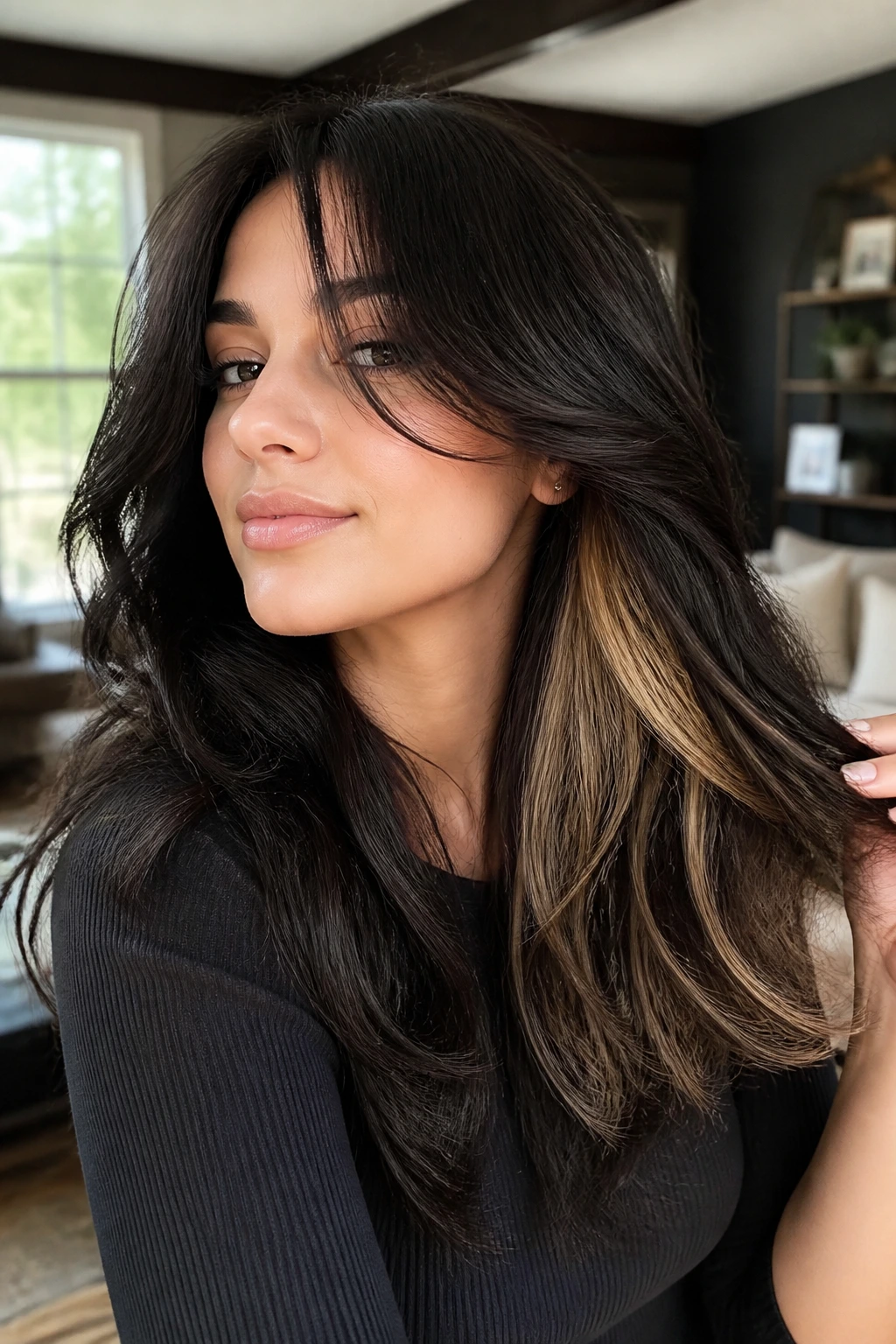 Portrait of a person showing hidden honey underlayers in dark hair