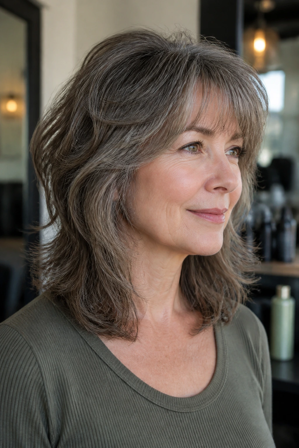 Portrait of a real woman with interior layering shag removing bulk for a smoother exterior.