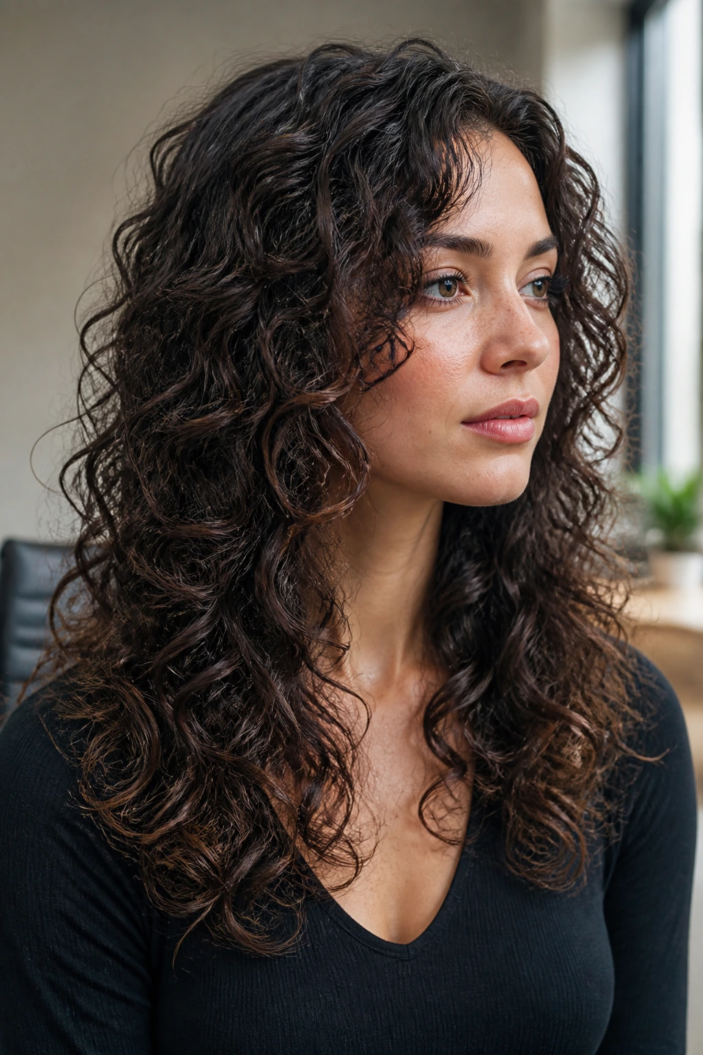 Close-up portrait of a real person showing hidden interior disconnect in curly hair