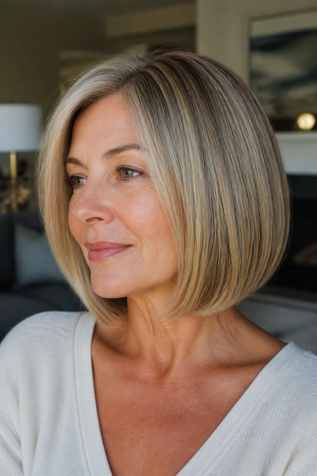 Real woman with hidden interior layers in a bob