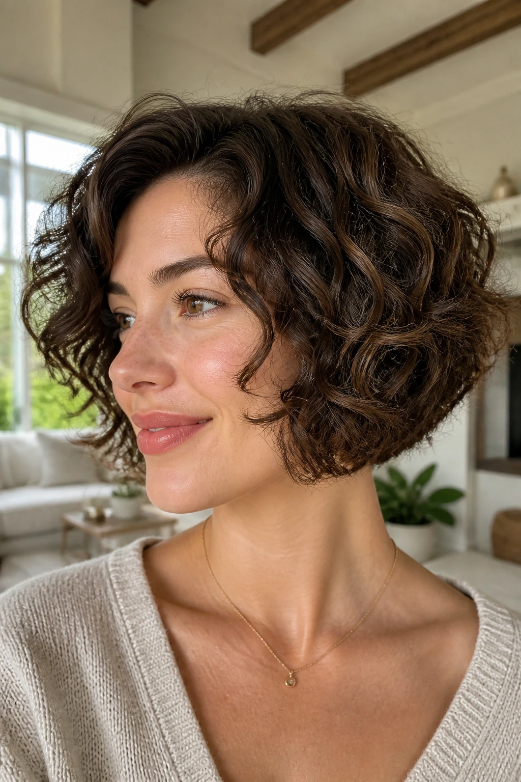 Real woman with curly bob showing inner layers under the surface