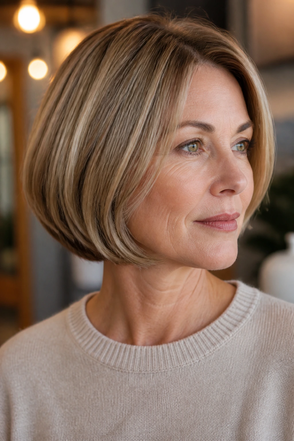 Real woman with hidden-layer bob showing blunt outer edge and crown layers in warm indoor light.