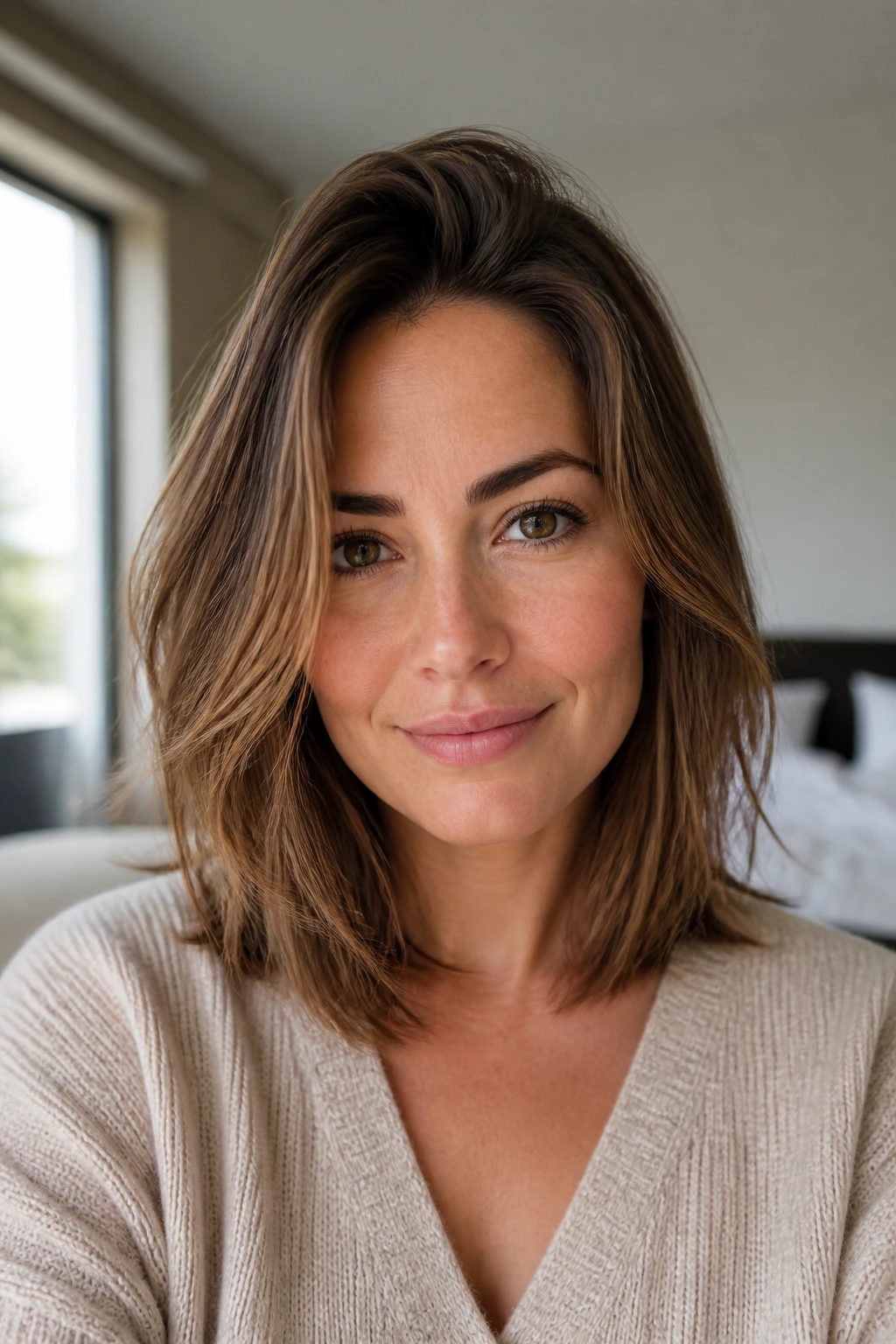 Close-up portrait of a real woman with hidden internal layers in a fine hair lob.