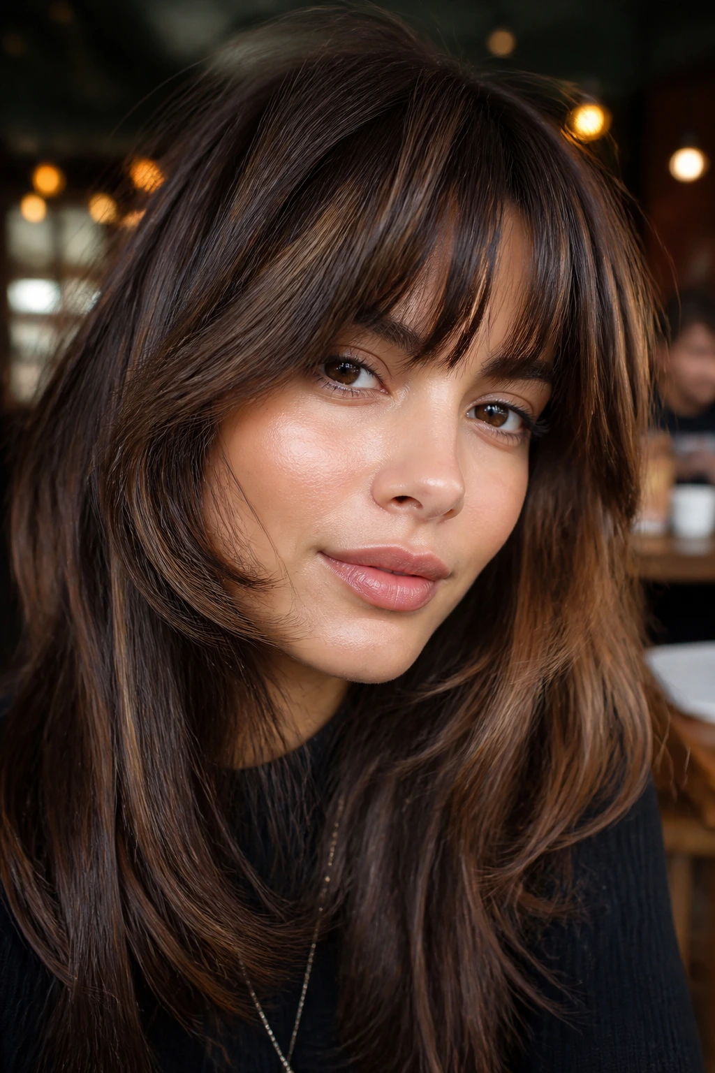 Close-up of a real person with hidden-layer fringe showing inner layering.