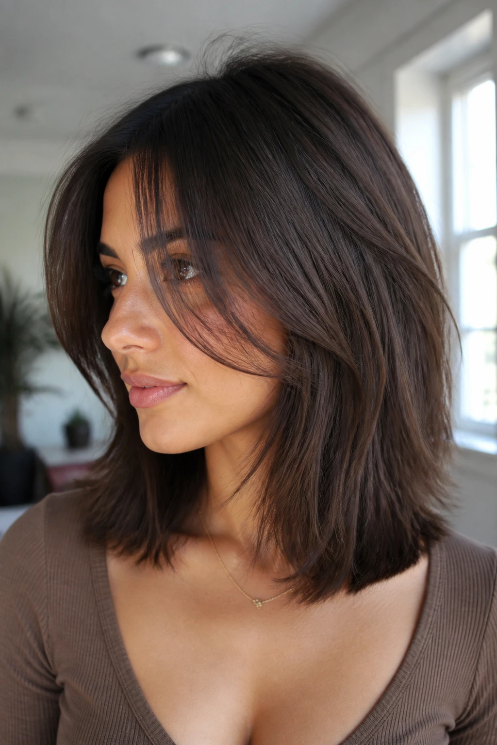 Portrait of a real person with hidden-layer lob hairstyle.