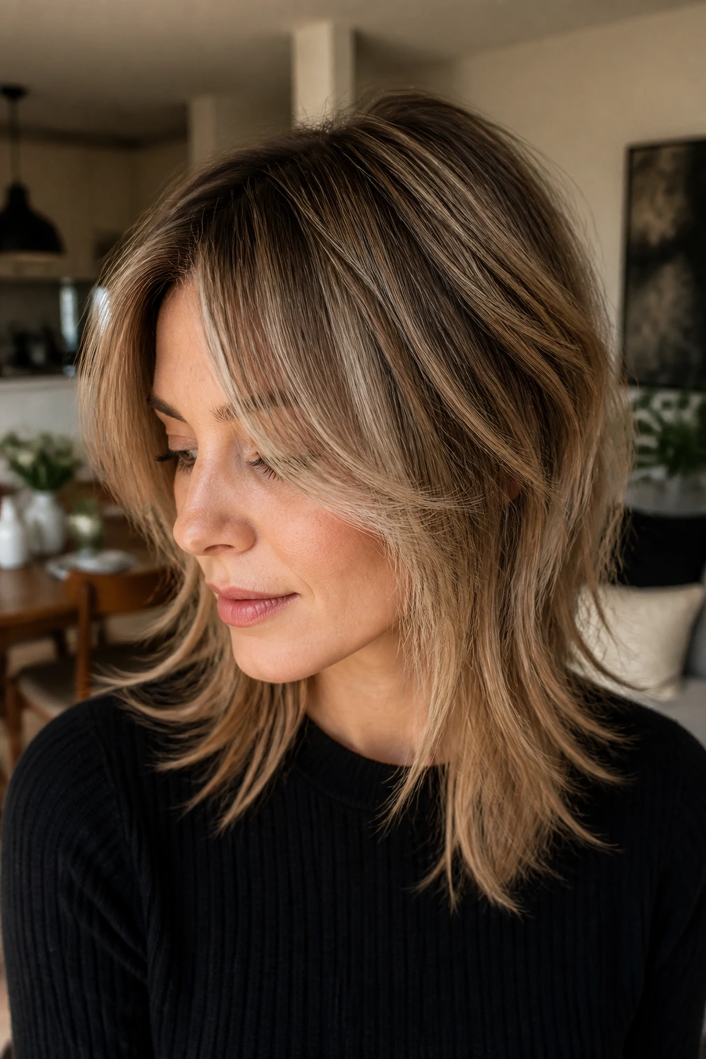 Close-up portrait of a real woman with hidden-layer shag and feathered ends