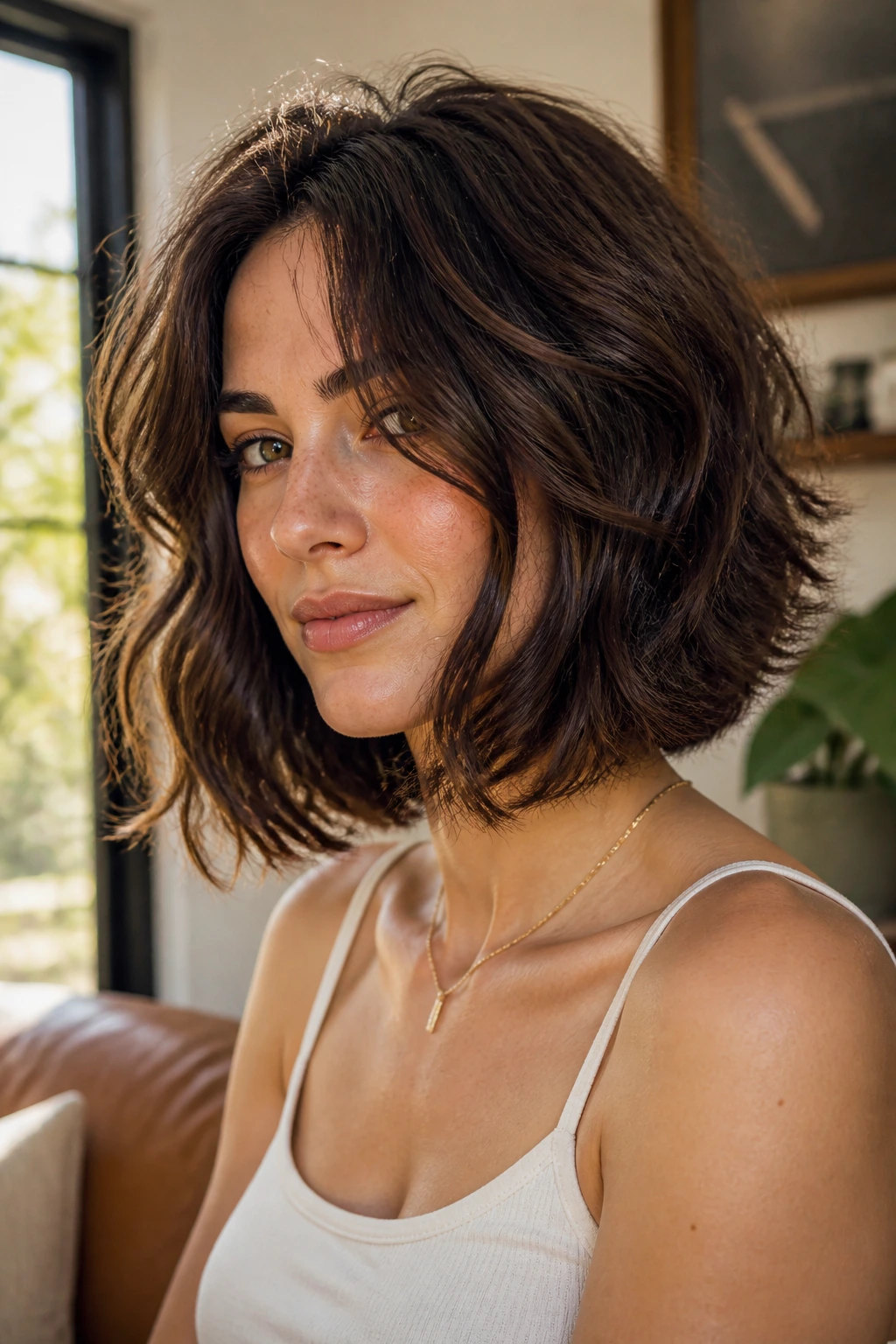 Real woman with hidden-layer volume bob showing lift beneath the top layer
