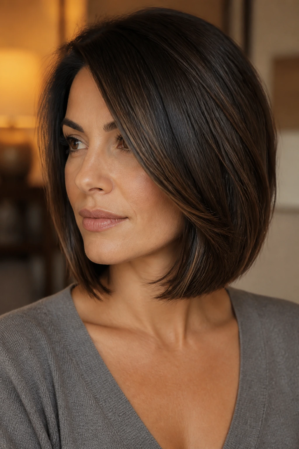 Portrait of a real woman with hidden-layer walnut bob and subtle depth