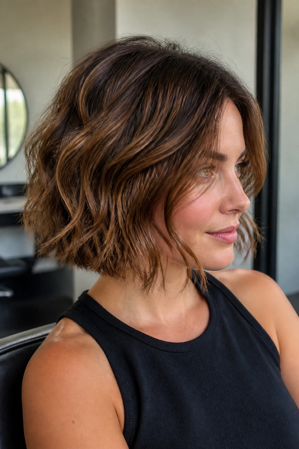 Real woman with hidden-layers bob showing inner texture near crown