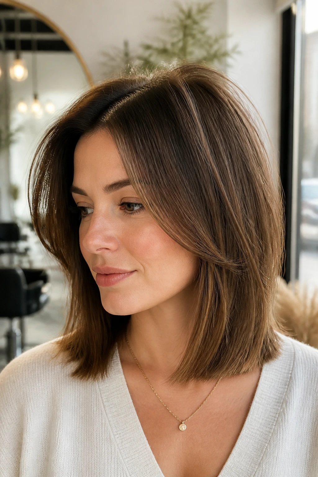 Close-up portrait of a real woman with shoulder-length cut and hidden crown layers.