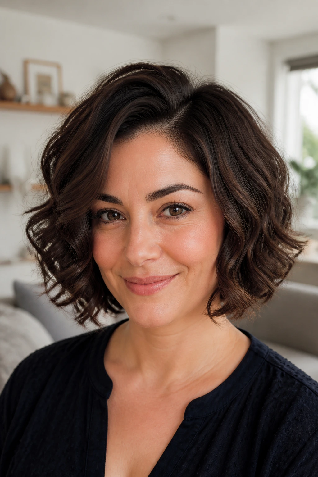 Close-up of a real woman with Curled Bob With Hidden Layers for Heavy Hair; inner layers hidden