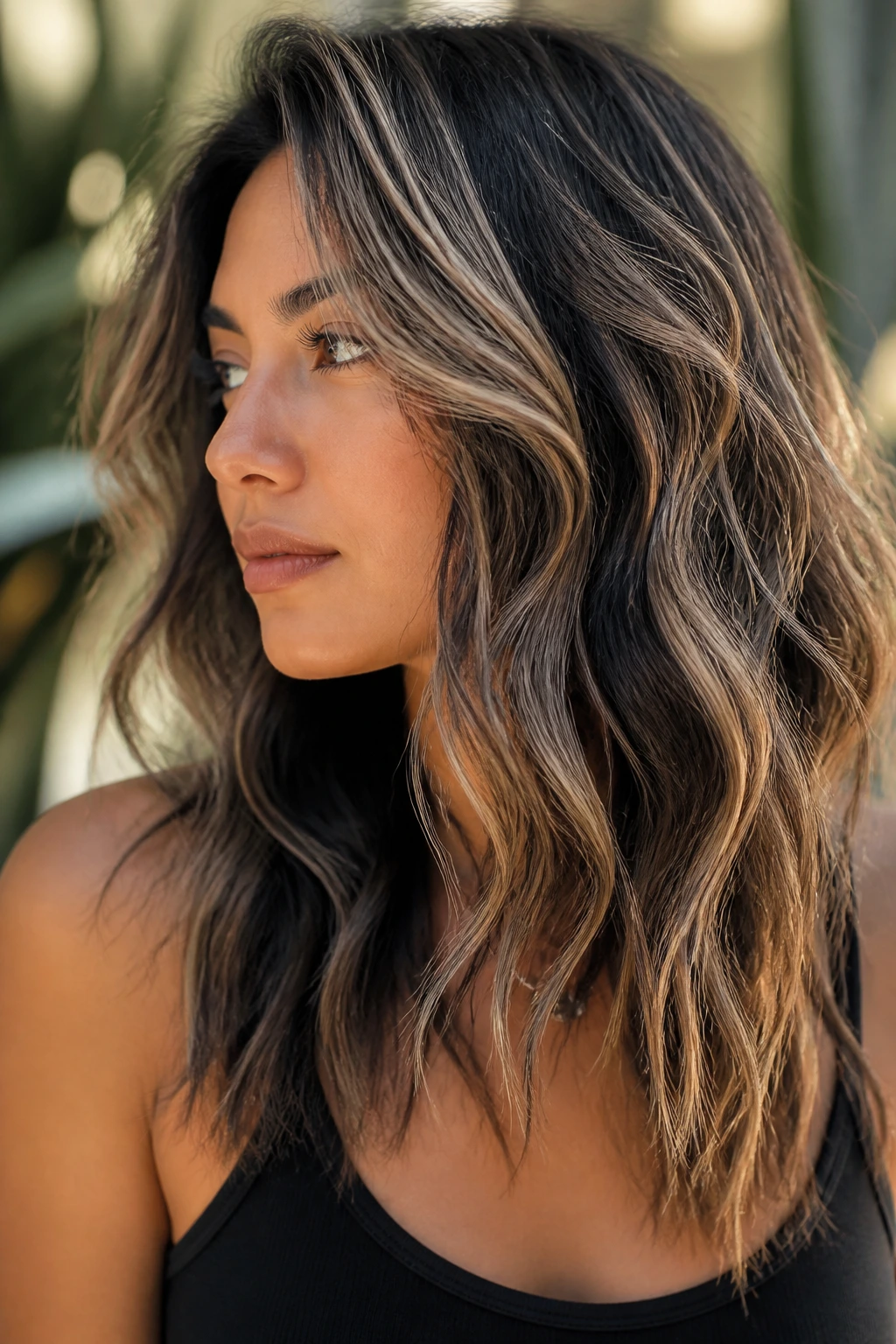 Close-up of a woman with medium skin tone showing hidden lowlights under tousled waves