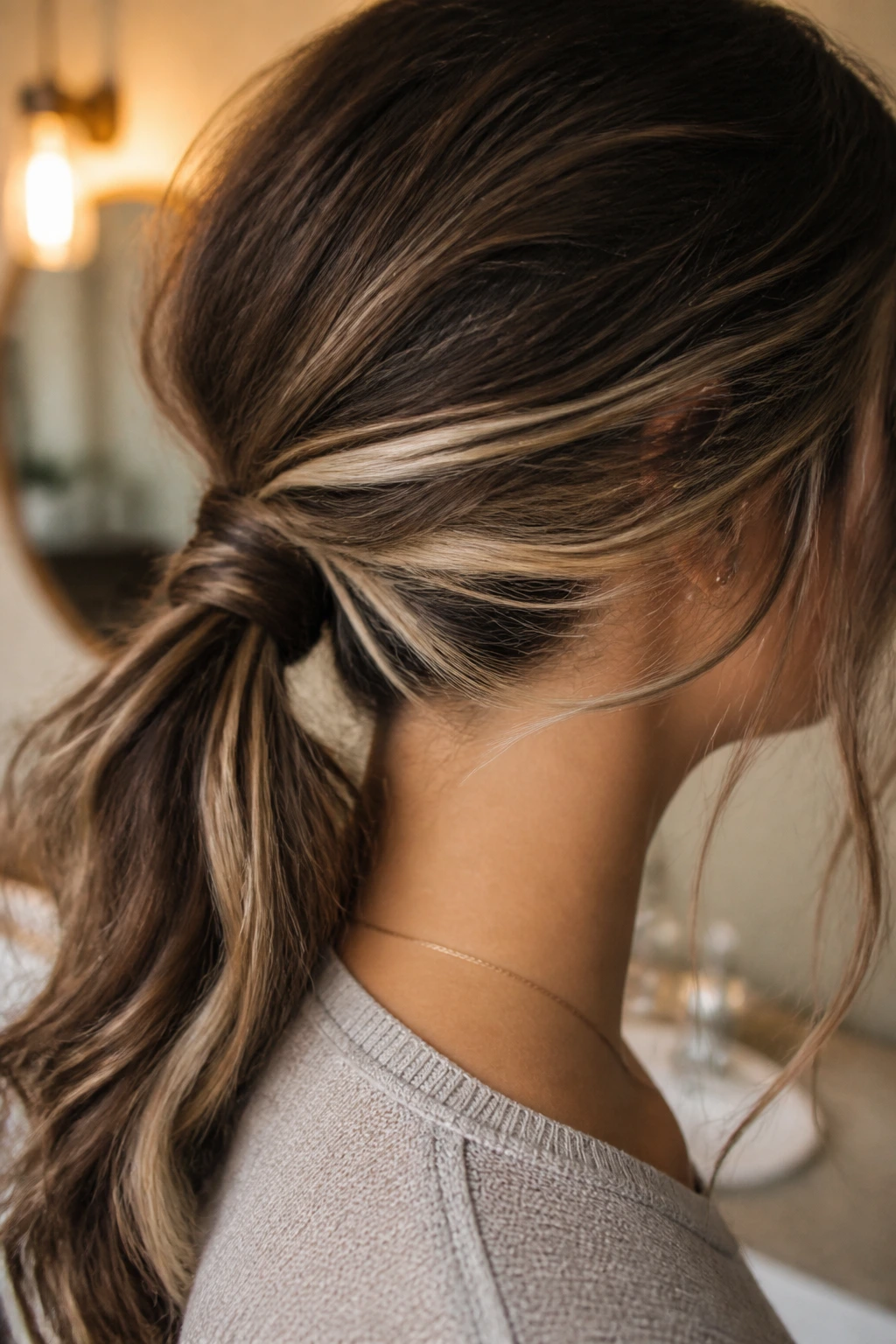 Profile view of a real woman with hidden nape lights visible under hair in a low ponytail
