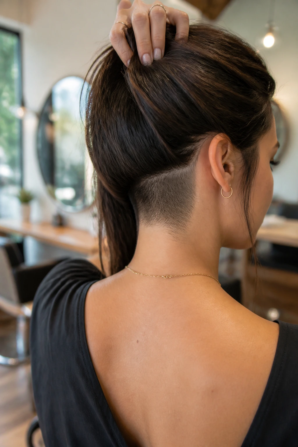 Back/side portrait showing hidden nape undercut beneath long hair