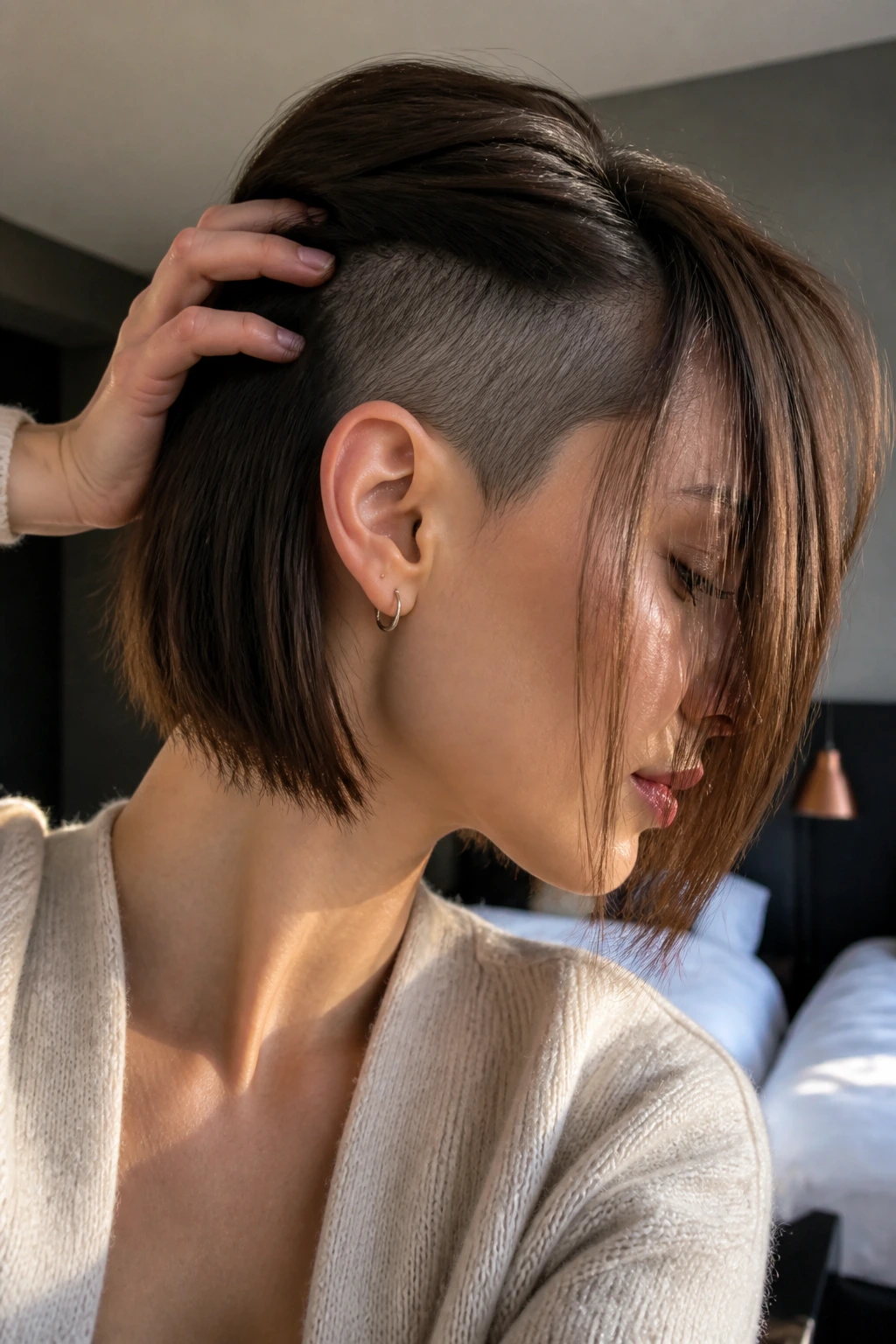 Portrait showing hidden shaved panel under top layer on real person