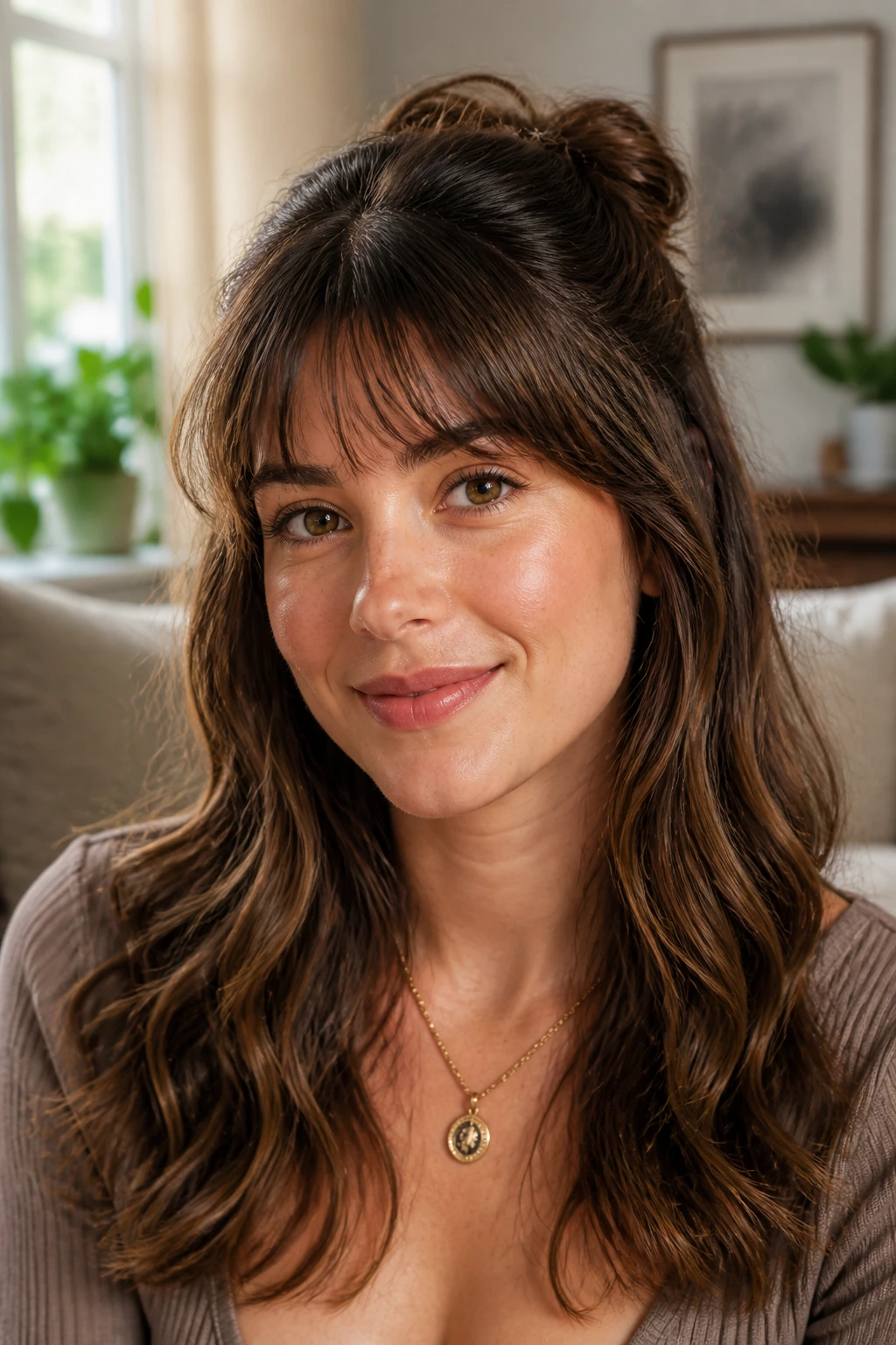 Close-up of a real woman with a fringe tucked under top layer peeking out