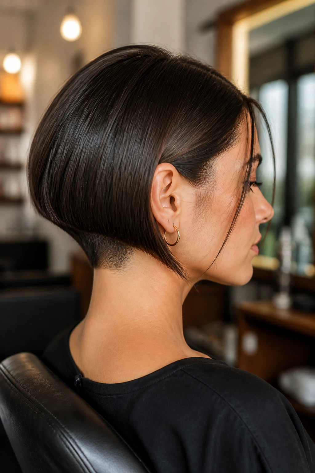 Close-up portrait of a real woman with a hidden-undercut sleek bob showing a crisp nape
