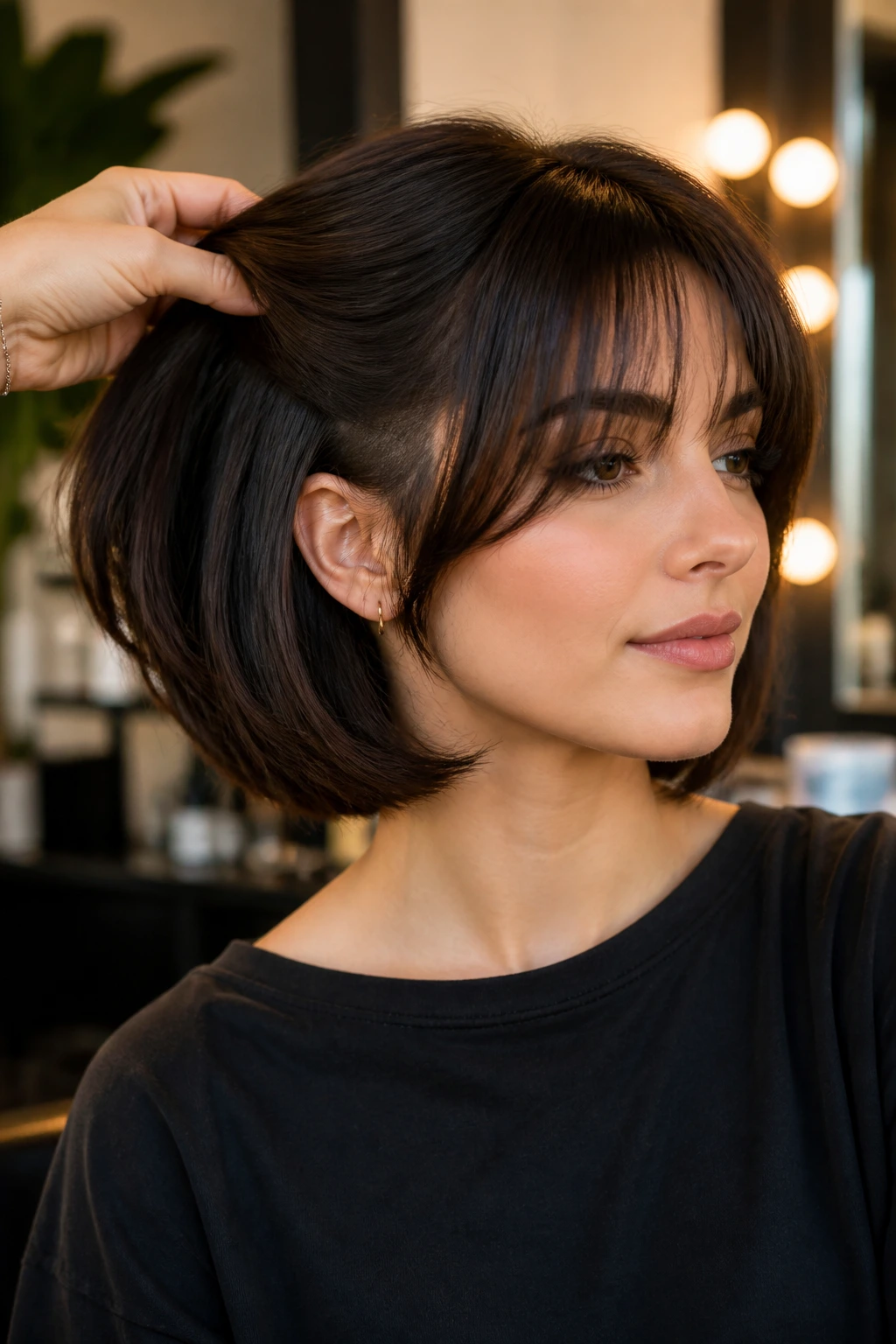 Close-up portrait of a real woman with a hidden-undercut bob and curtain bangs.