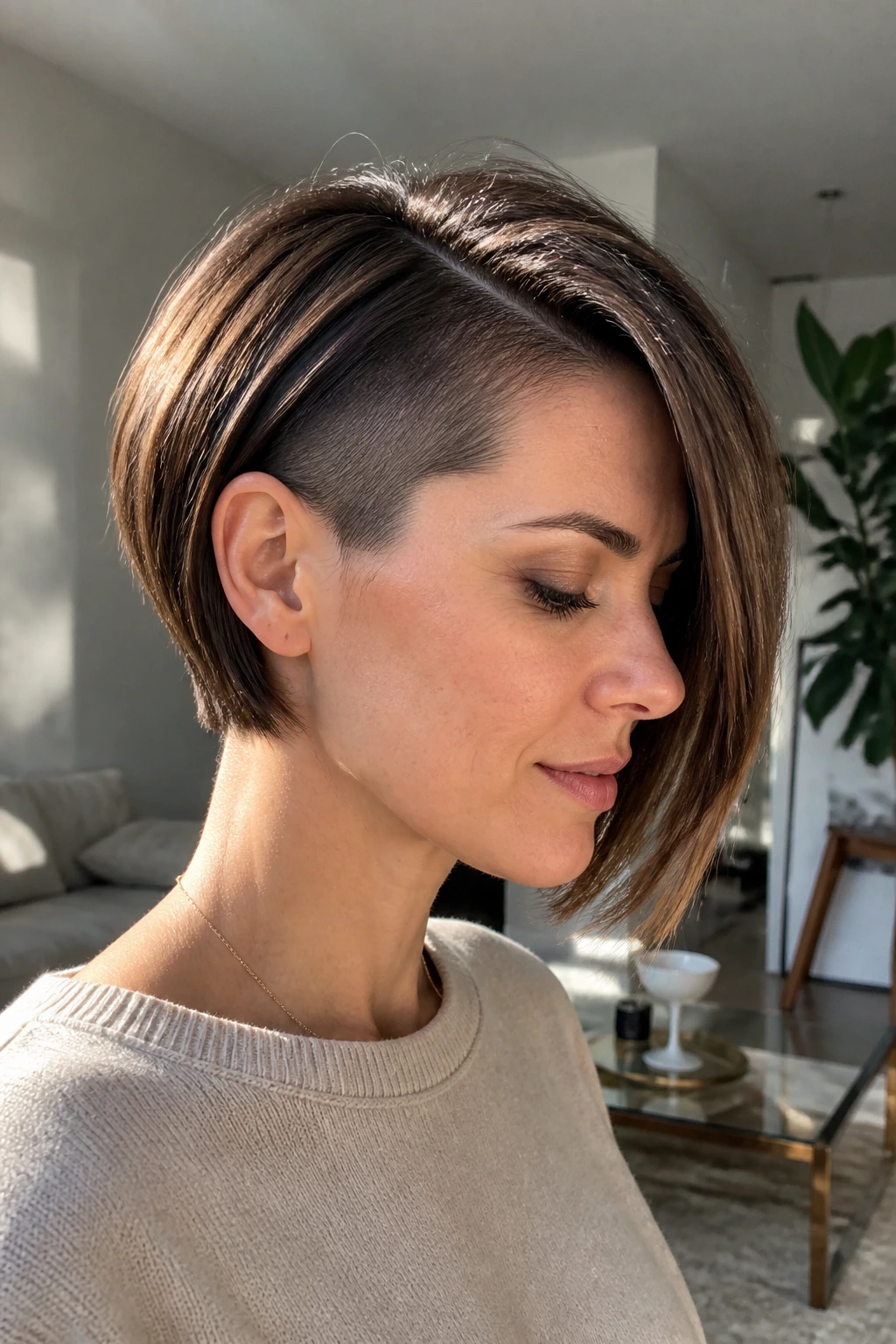 Portrait of a real woman with Hidden Undercut Bob, top length covering undercut
