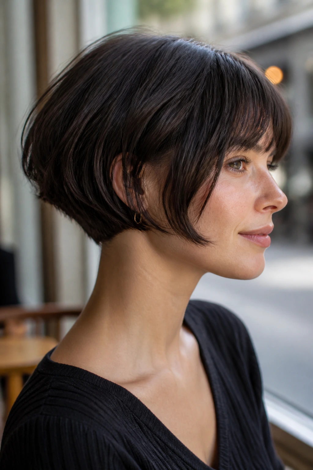 Close-up of real woman with hidden-undercut French bob, clean silhouette at the neck.