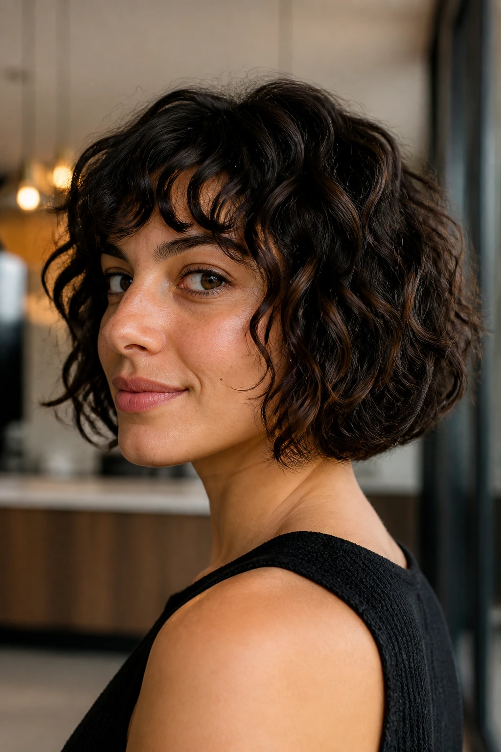 Close-up of a real woman showing a hidden undercut beneath a French bob.