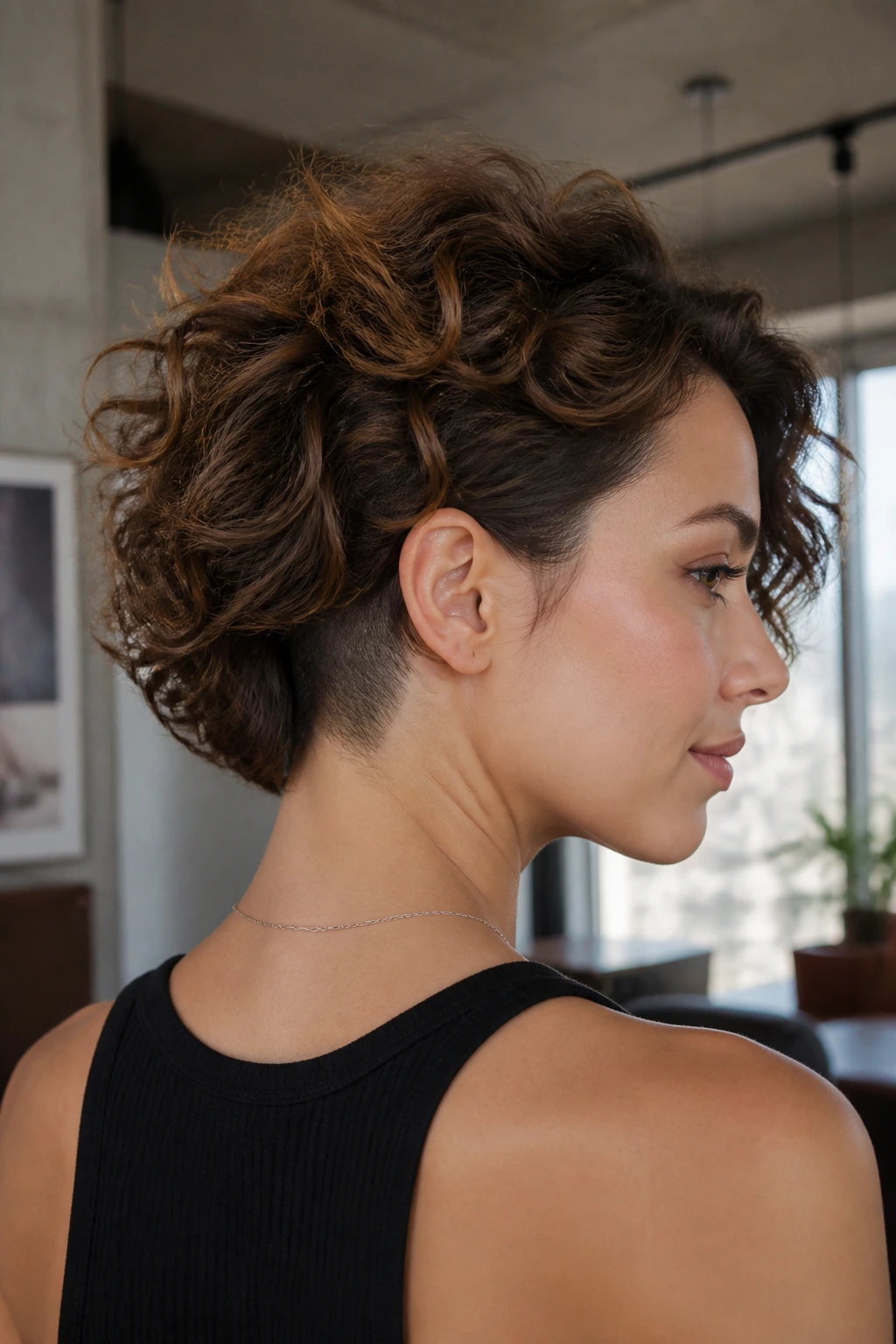 Close-up of a real woman with a lob and a discreet hidden undercut at the nape.