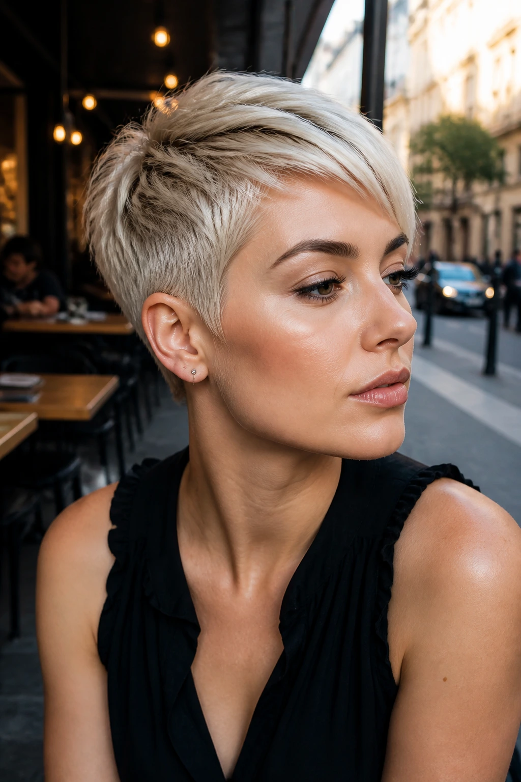 Real woman with hidden undercut pixie in platinum blonde outdoors near cafe