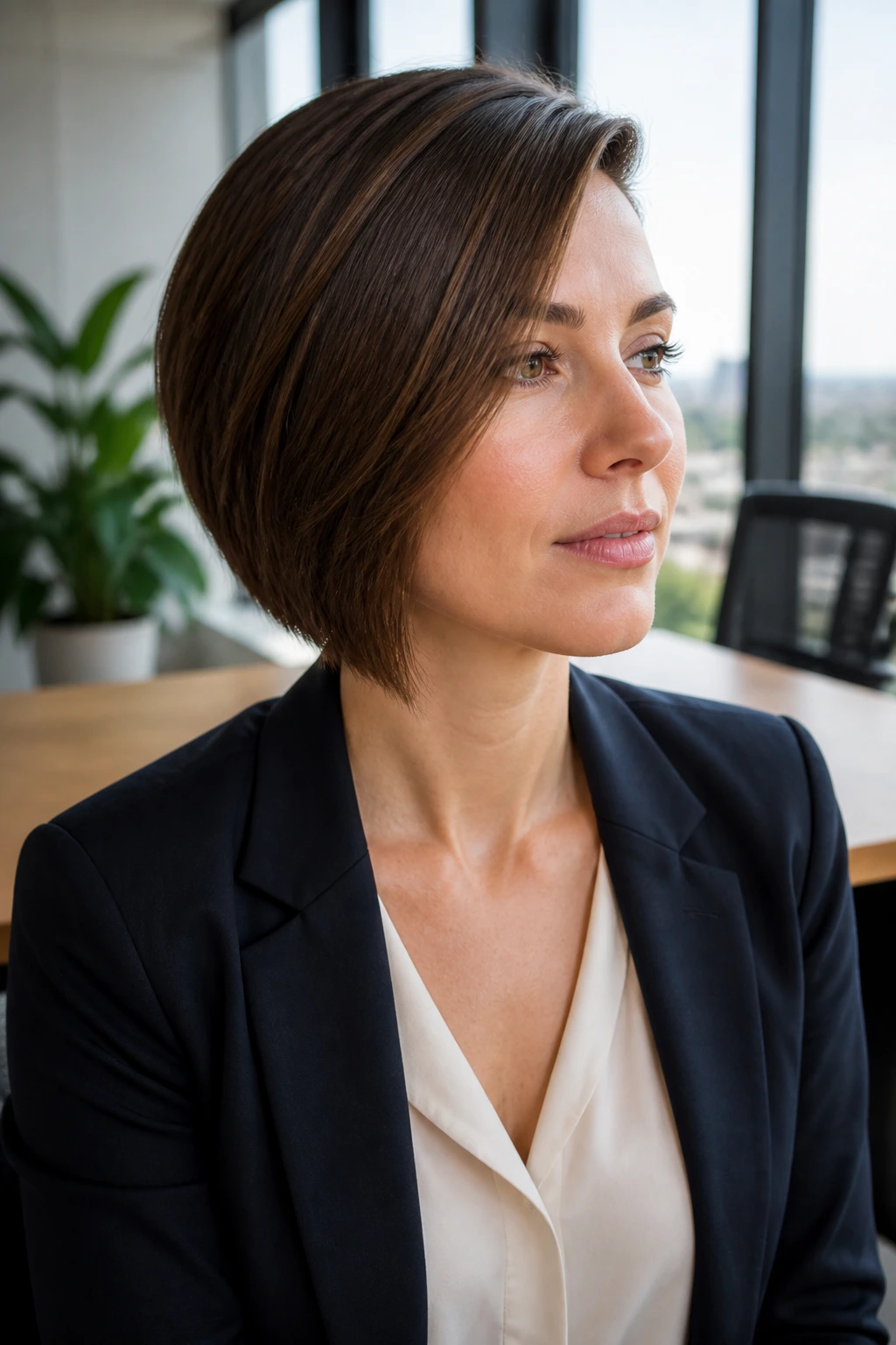 Close-up of a real woman with a hidden undercut shaved side and long top swept over in an office setting.