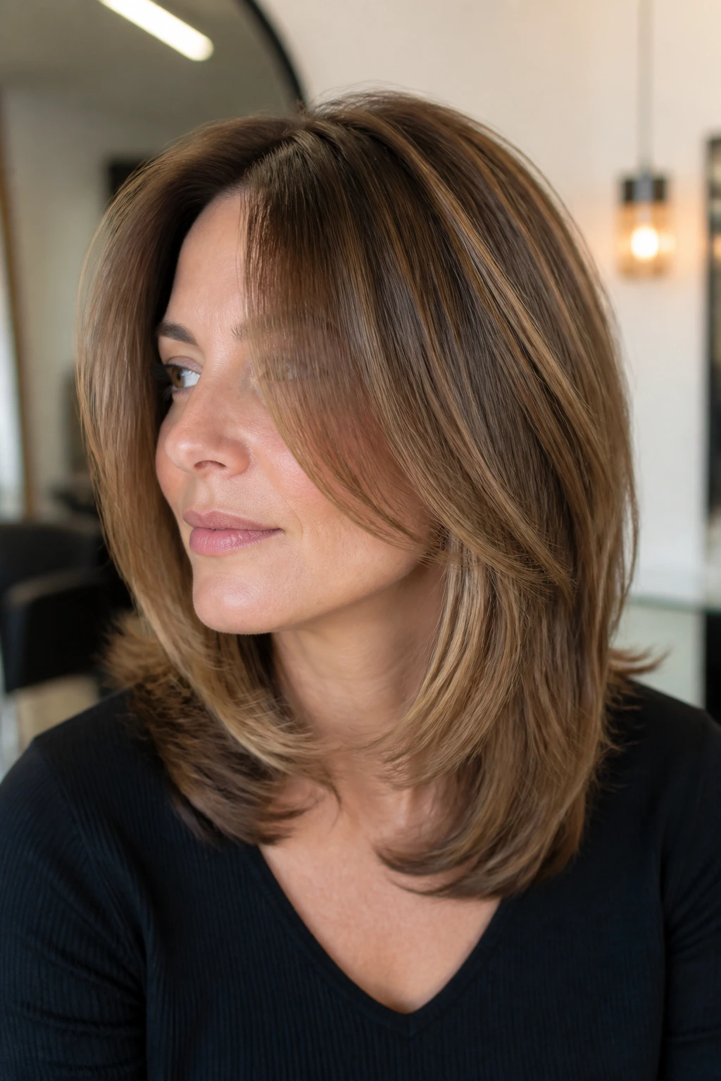 Close-up of a real woman with a hidden-volume layered cut producing crown lift.