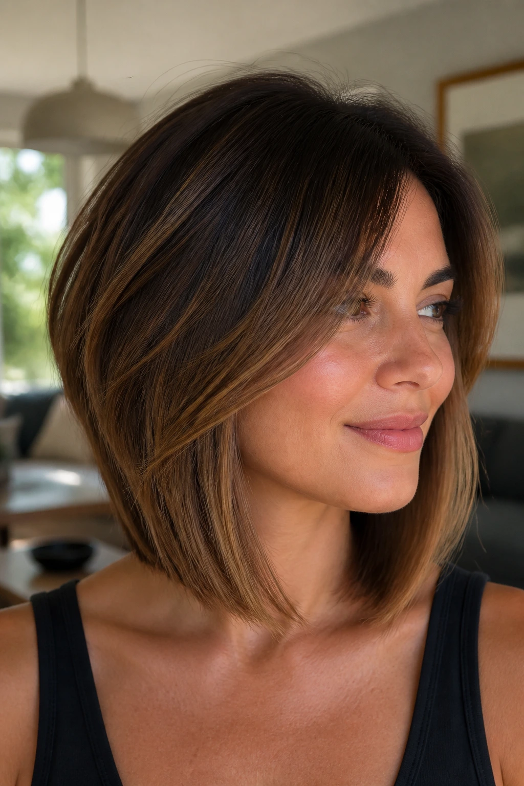 Portrait of a real woman with a hidden-weight lob showing a longer front