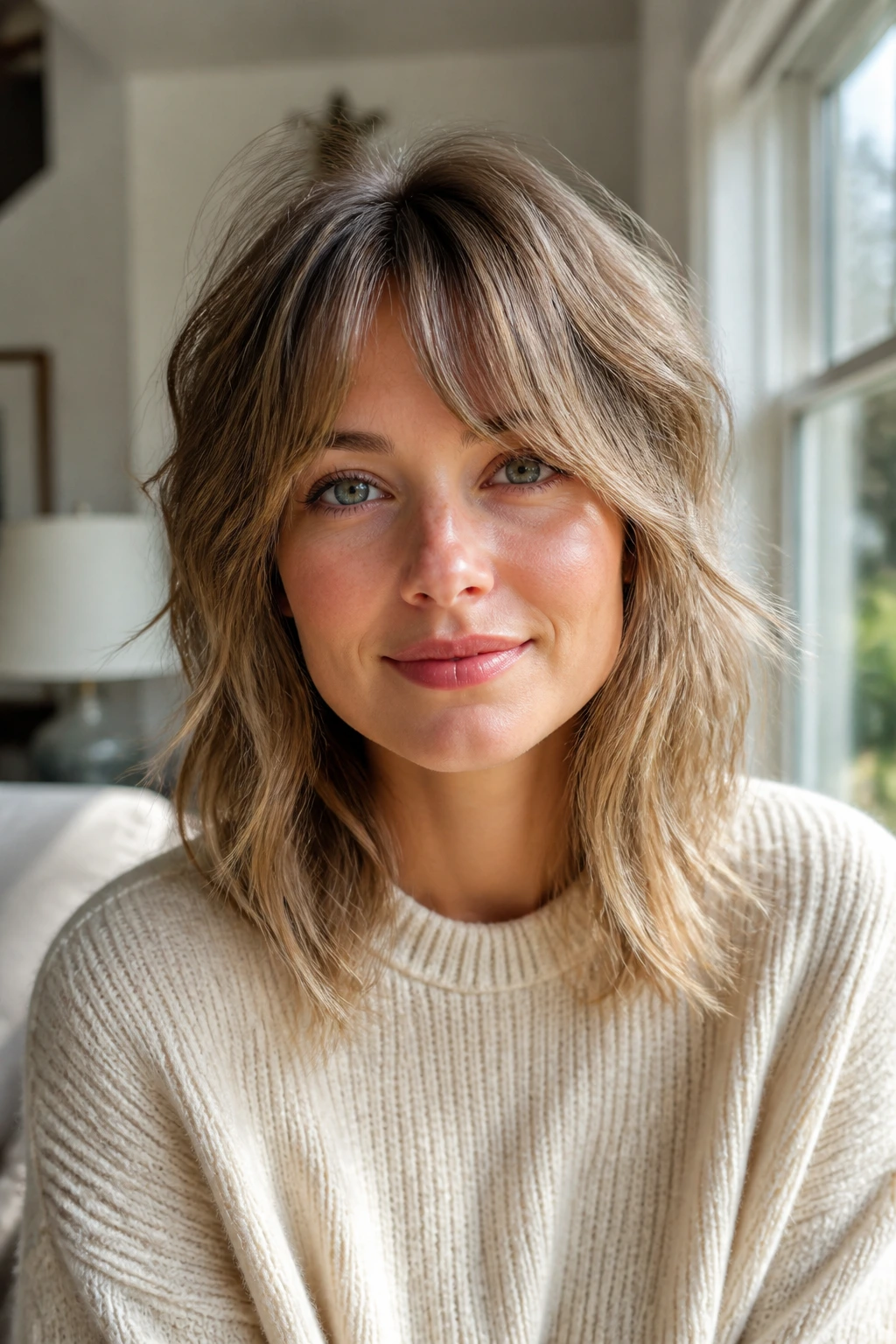 Close-up portrait of a real woman with hidden-weight shag and beachy waves.