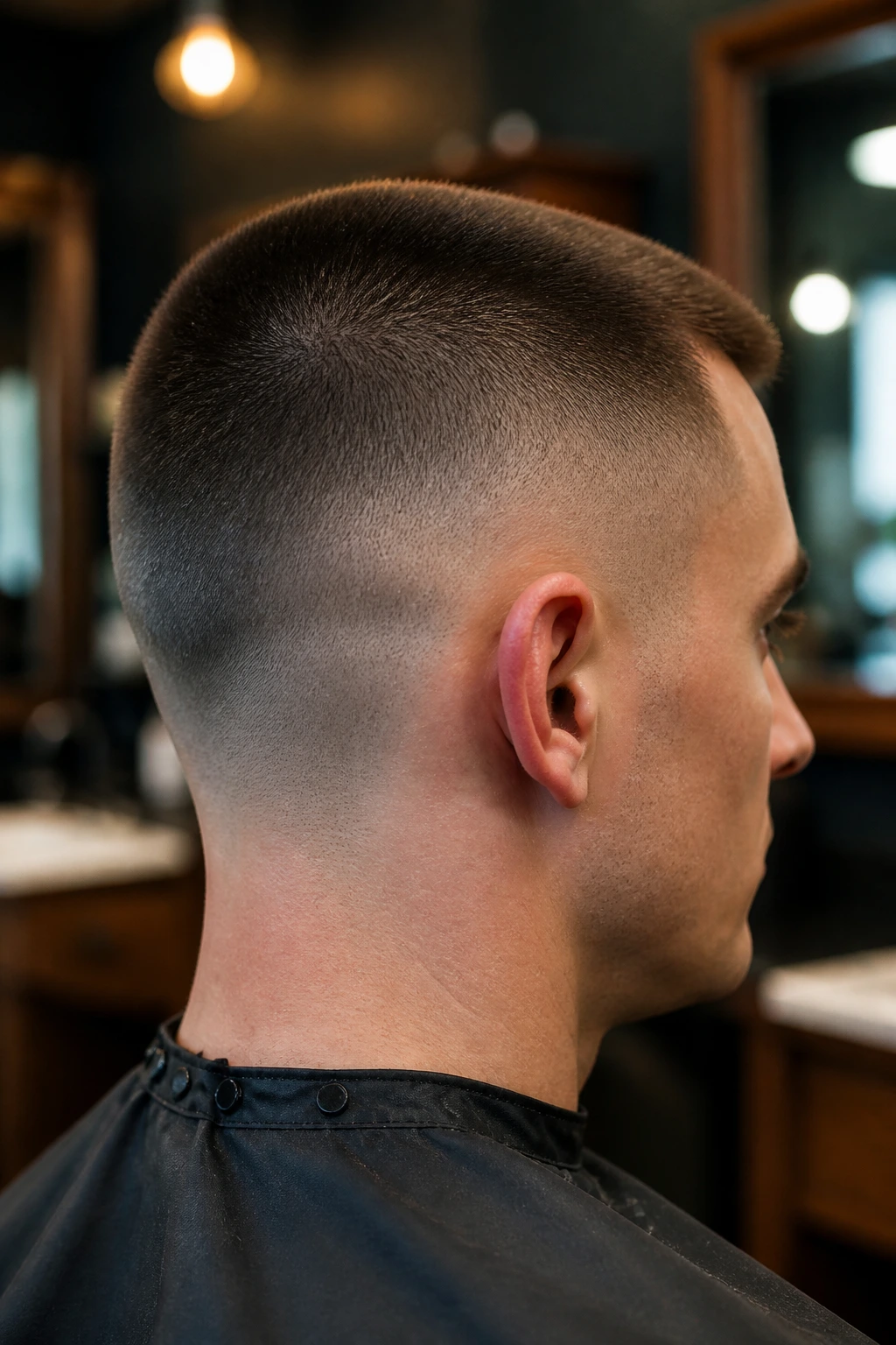 Man with high-and-tight buzz cut and tight neckline in barber setting.