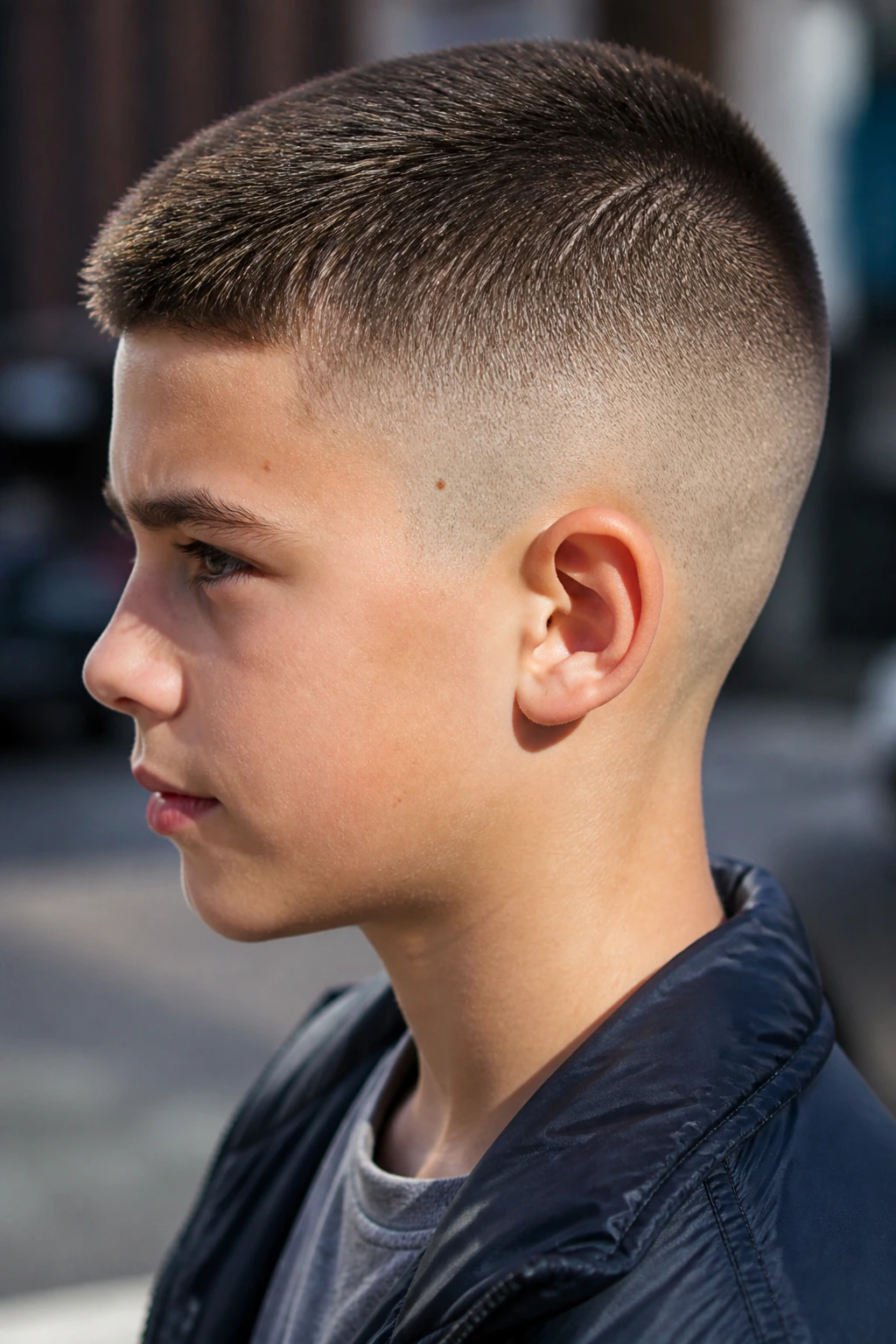 Profile view of a real boy with a high-and-tight crew cut outdoors