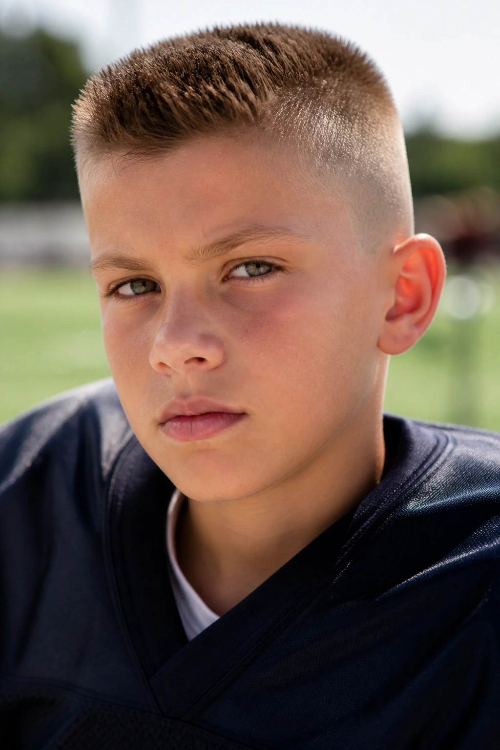 Close-up of a boy with a high and tight haircut in a sports setting