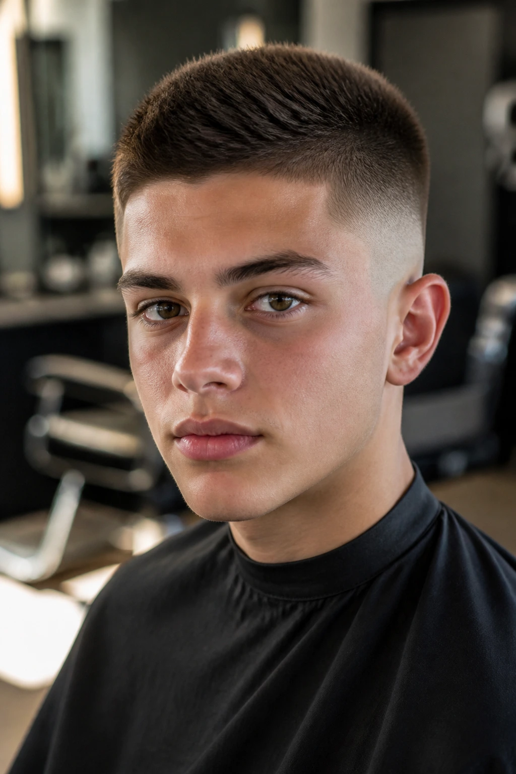 Portrait of a real boy showing a high and tight haircut with a sharp fade.