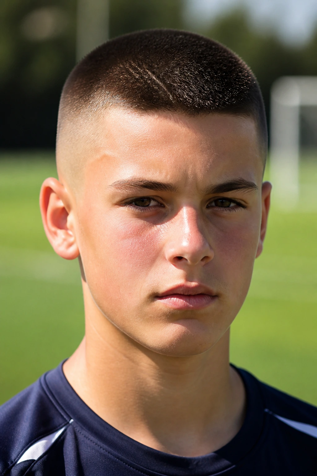 Close-up of boy with high and tight skin fade on sports field