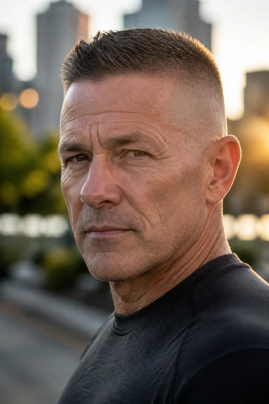 Close-up of man with high and tight taper in warm outdoor light