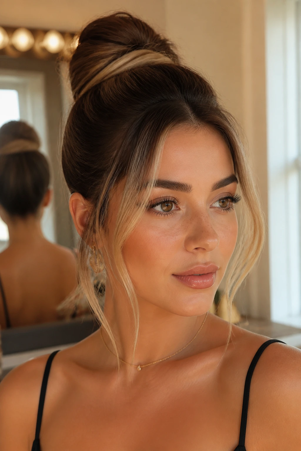 Close-up of High Ballet Bun on a real person with money piece highlights framing the face