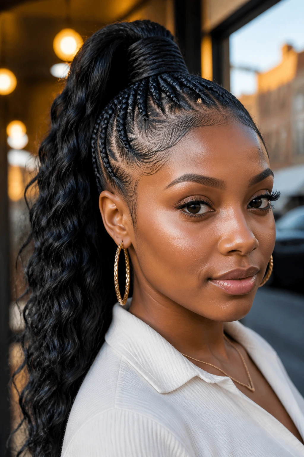 Close-up of a real woman with a high braided ponytail.