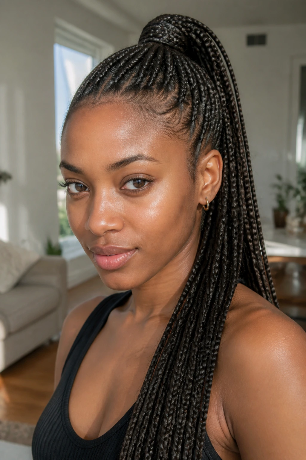 Close-up of a real woman with a high braided ponytail in a sunlit living room.