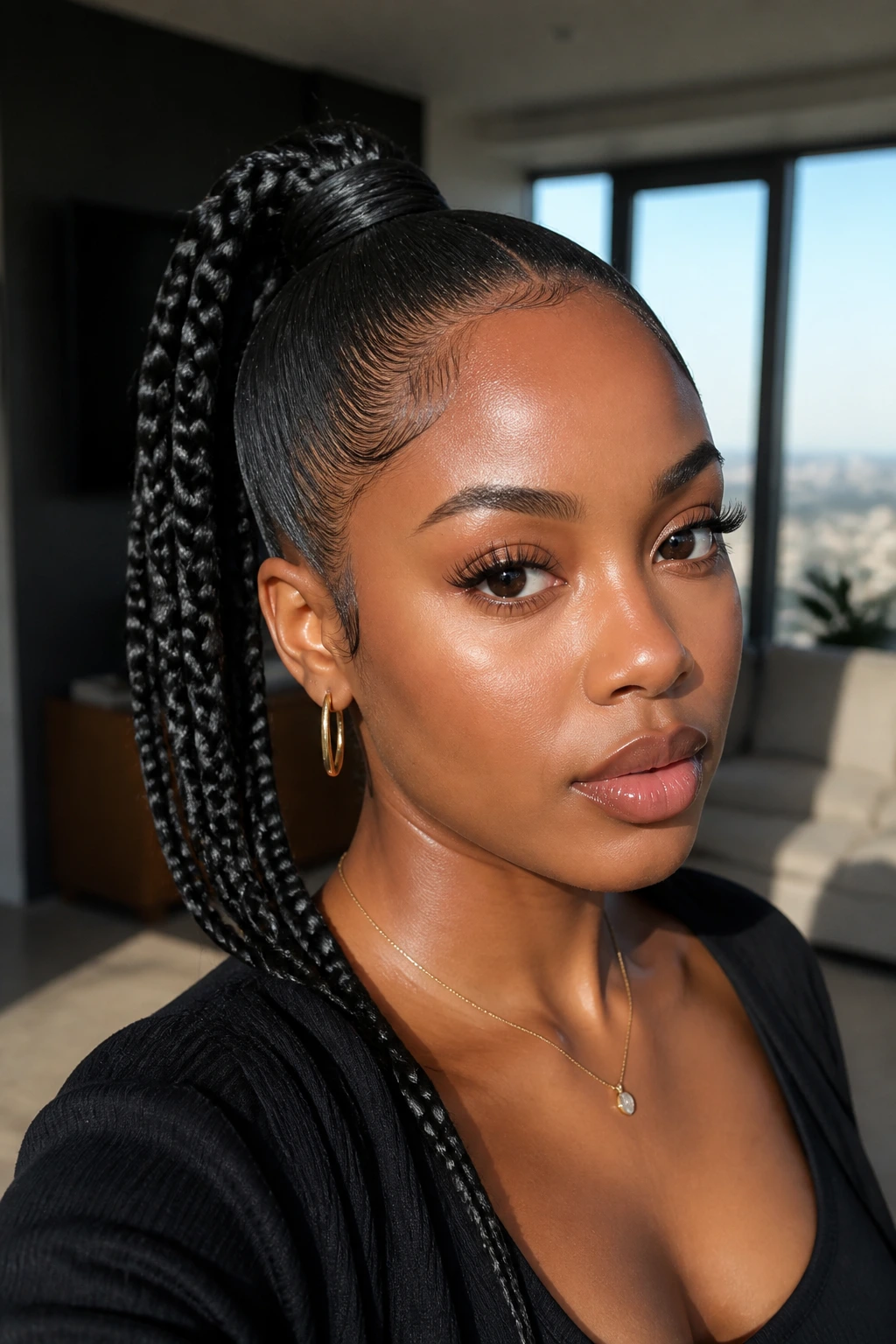Real woman with a high braided ponytail and clean base