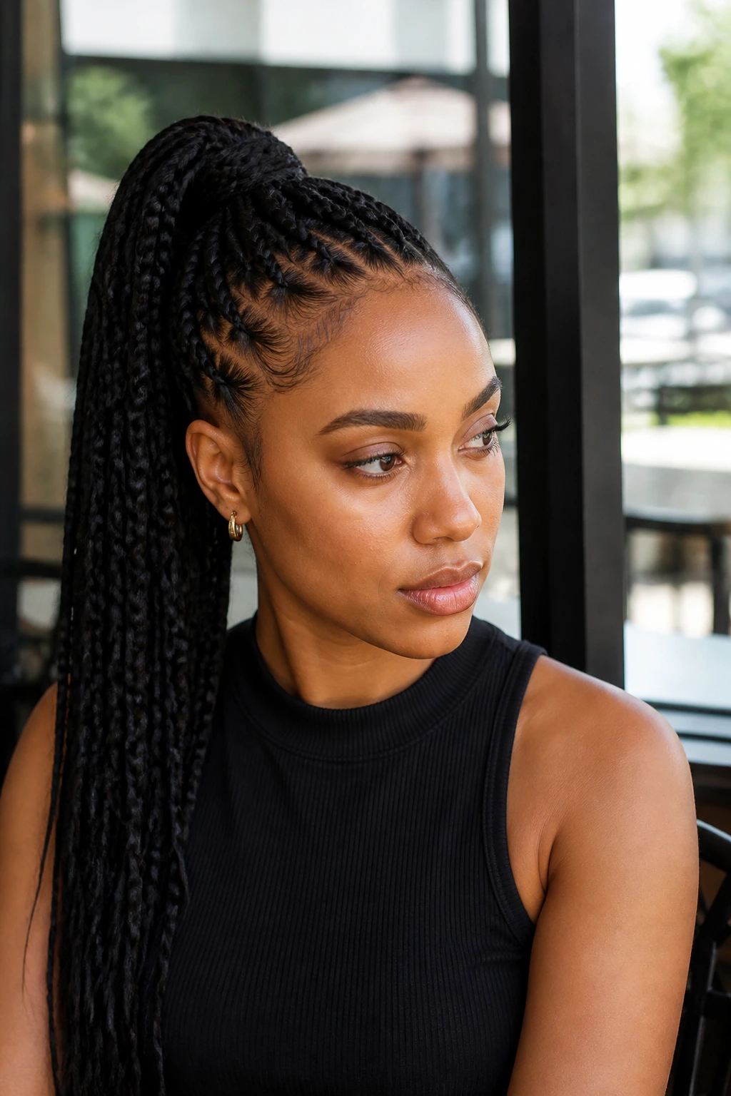 Close-up of a real Black woman with a high braided ponytail in natural light.