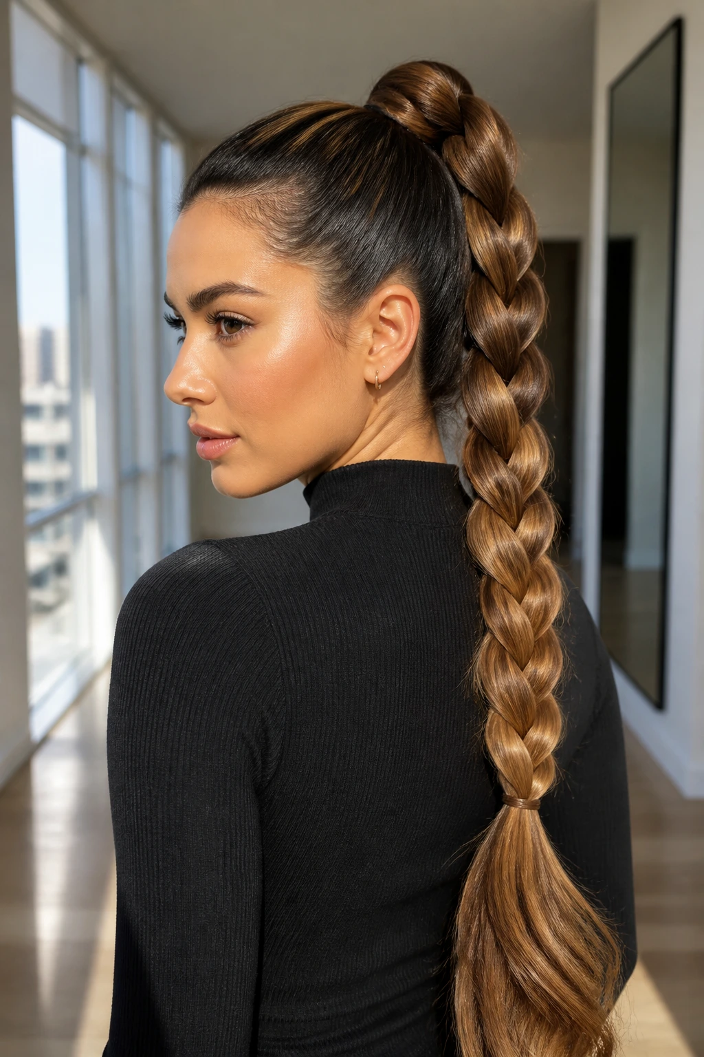 Portrait of a woman with a high braided ponytail and caramel highlights