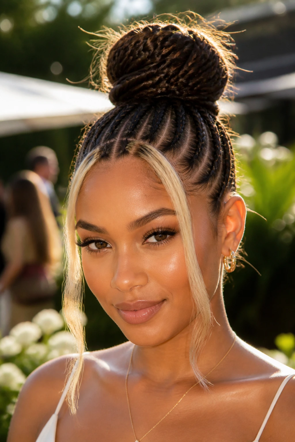 Real person with a high bun and bright blonde face-framing cornrows