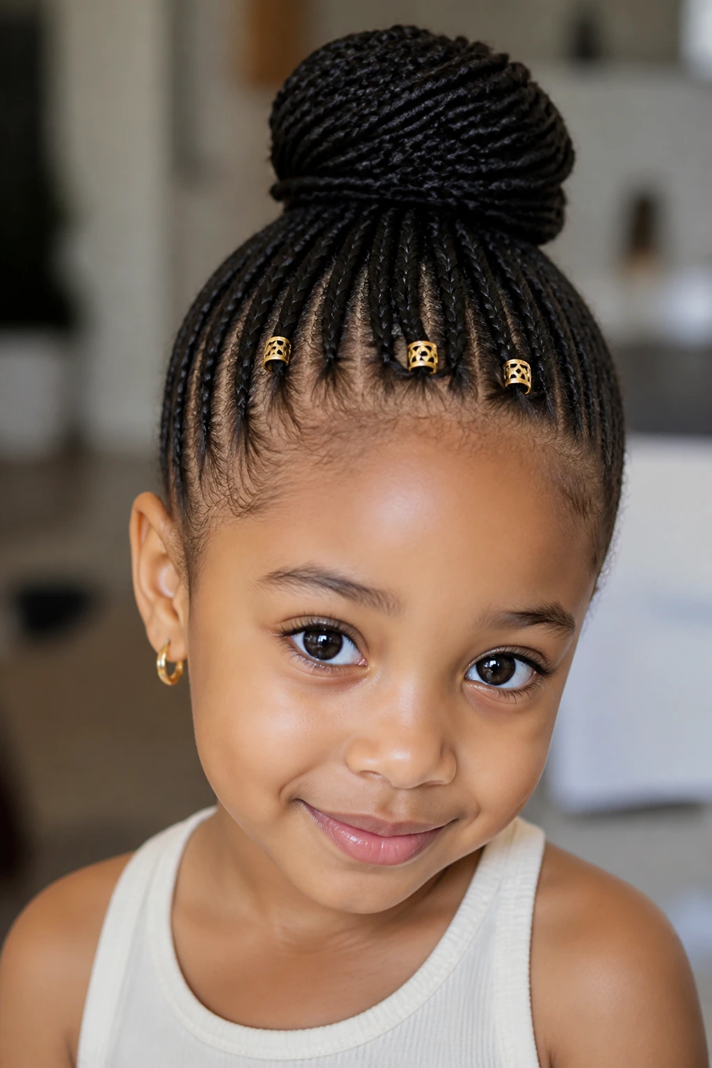 Close-up of a real child wearing a high bun with gold cuffs