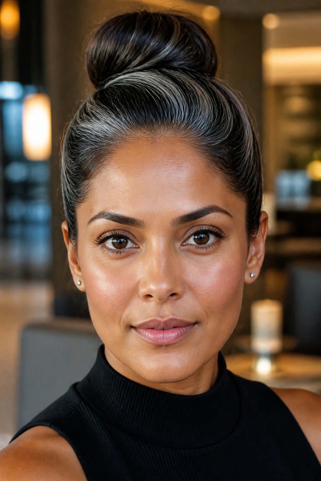 Close-up of a person with a high bun and grey veil streaks on tan skin