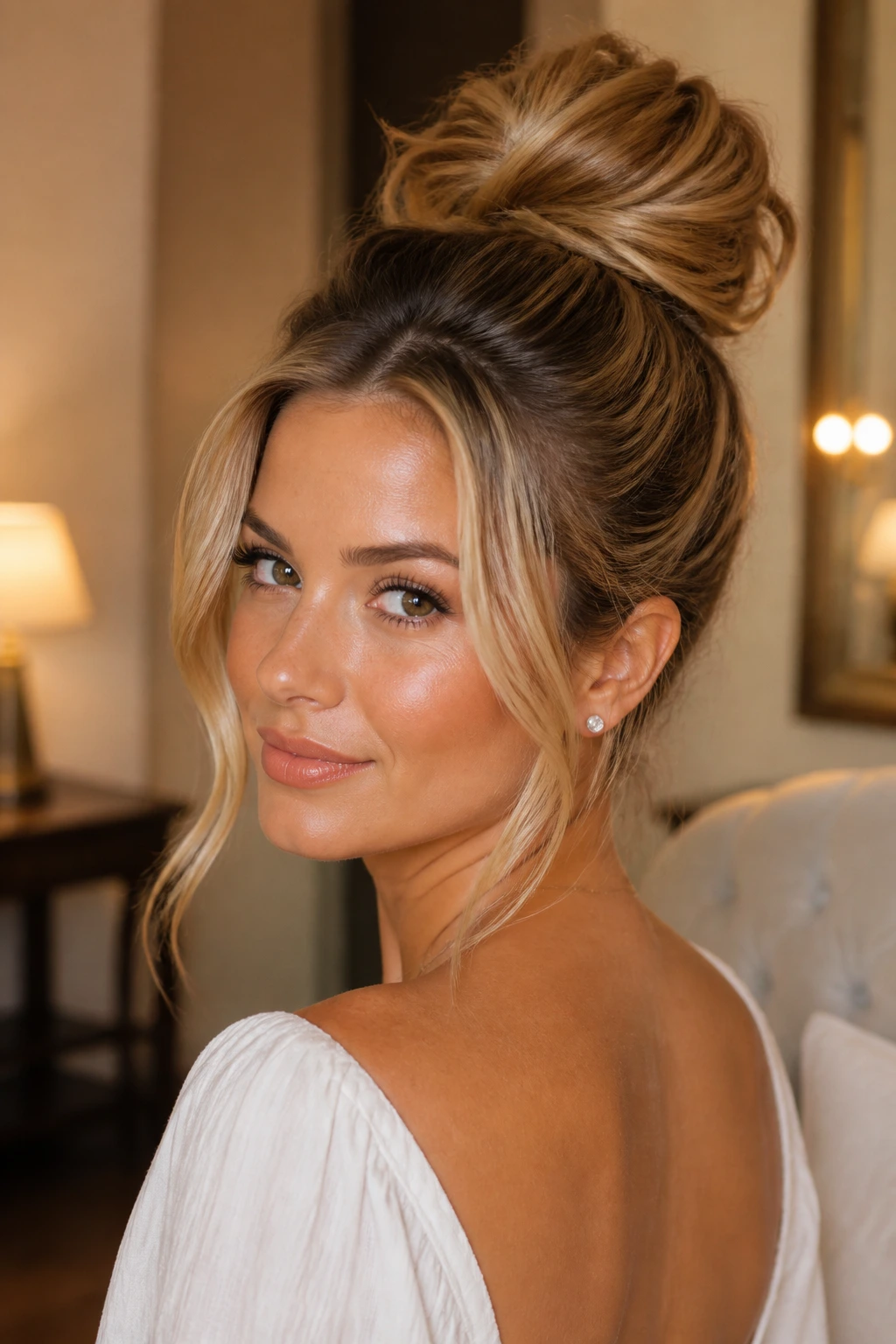 Real woman in a high bun with loose pieces framing the face