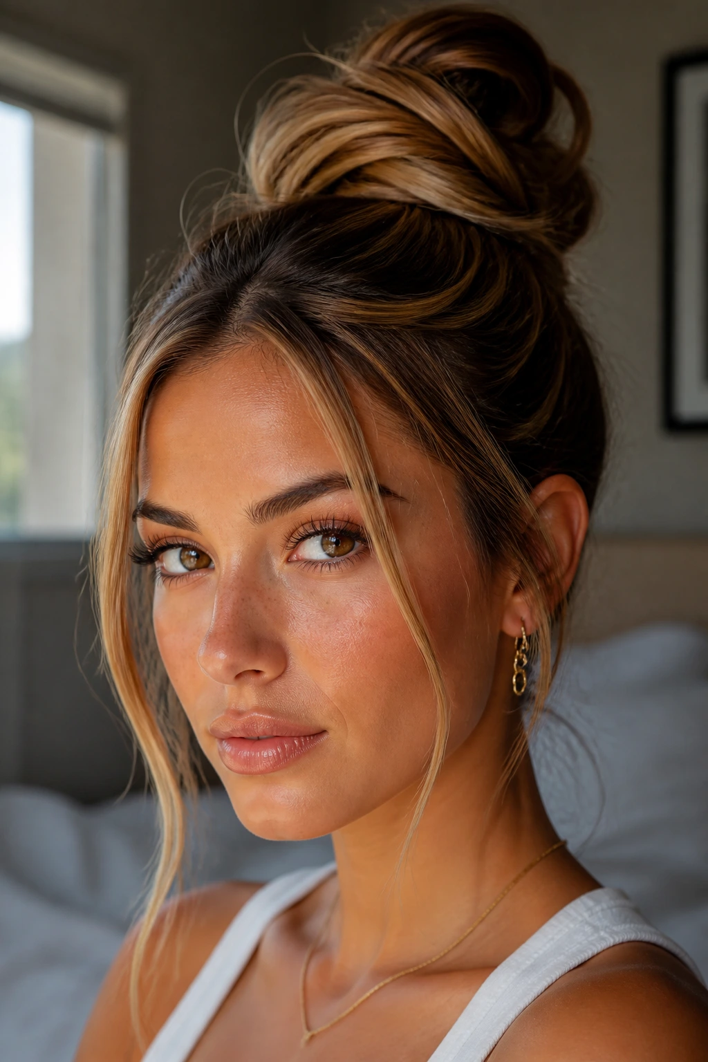 Close-up of a real woman with a high bun and honey strands framing the face, olive skin, soft window light